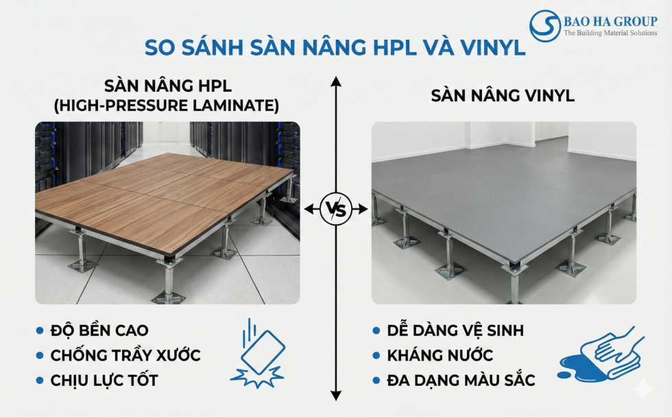 So sánh sàn nâng HPL và Vinyl trong thi công thực tế tại Bảo Hà Group